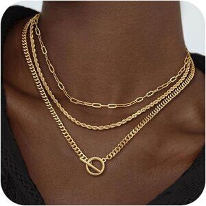 🆕 Women Gold Toggle Clasp Necklace 14K Stack T-Bar Herringbone Chain Jewelry